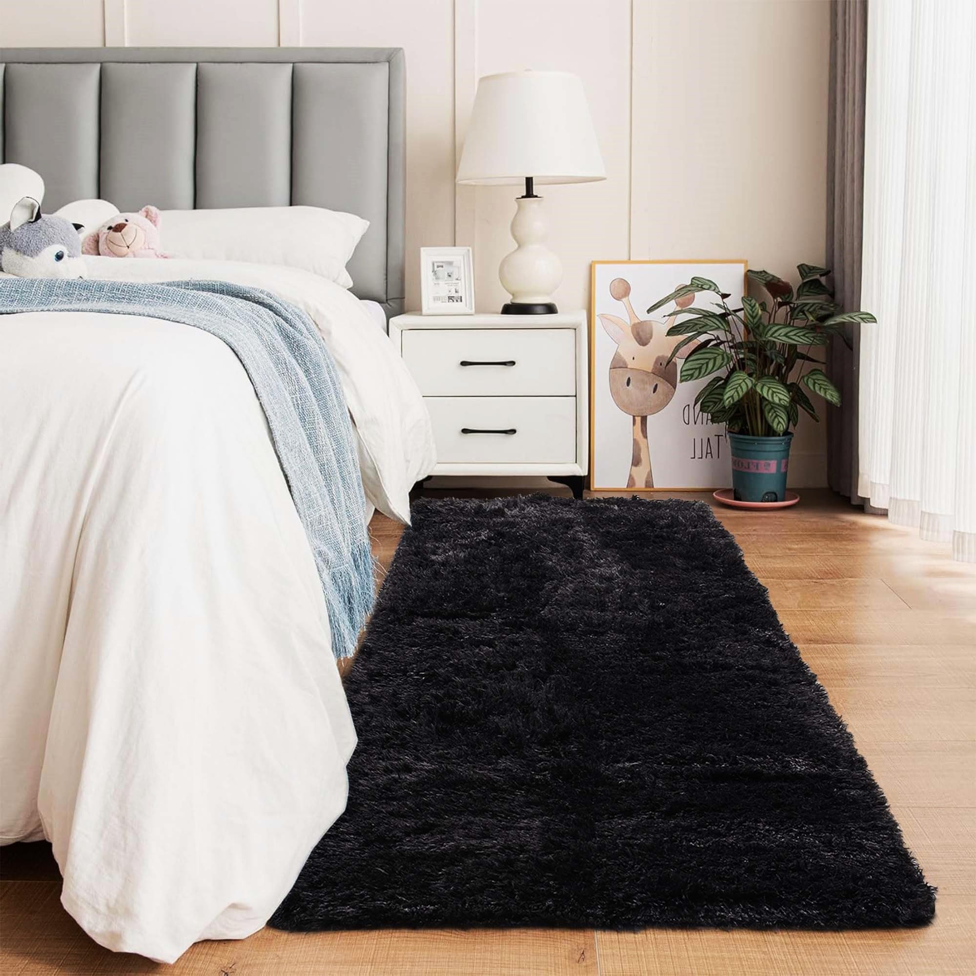 Oxford Homeware Rugs Living Room– Fluffy Black Area Rugs for Bedroom, Hallway Runner Rug 60 x 220 cm Anti Slip – Modern Super Soft Rug Washable Floor Carpets