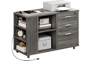 YITAHOME File Cabinet with Charging Station, Mobile Lateral Filing Cabinet with Lock for Home Office, Printer Stand with Open Storage Shelf, Fits A4, Letter, Legal Size Files, Office Furniture, Grey