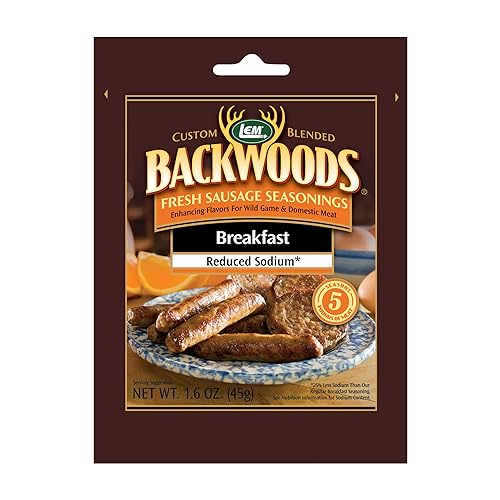 LEM Products Backwoods Reduced Sodium Breakfast Fresh Sausage Seasoning, Ideal for Wild Game and Domestic Meat, Seasons Up to 5 Pounds of Meat, 1.6 Ounce Packet