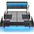 Rolanstar Bed Frame Full Size with Charging Station and LED Lights, Upholstered Storage Headboard with Drawers, Heavy Duty Metal Slats, No Box Spring Needed, Noise Free, Easy Assembly, Dark Grey