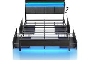 Rolanstar Bed Frame Full Size with Charging Station and LED Lights, Upholstered Storage Headboard with Drawers, Heavy Duty Metal Slats, No Box Spring Needed, Noise Free, Easy Assembly, Dark Grey