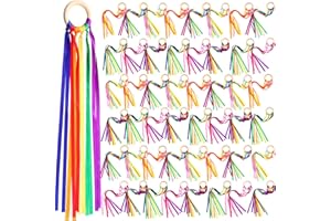Junkin Ribbon Rings Hand Kite Waldorf Toys Dancing Wrist Ribbons Rainbow Streamers with Wood Ring Educational Toy for Playroom Dancing Birthday Party Gift(24 Pcs)
