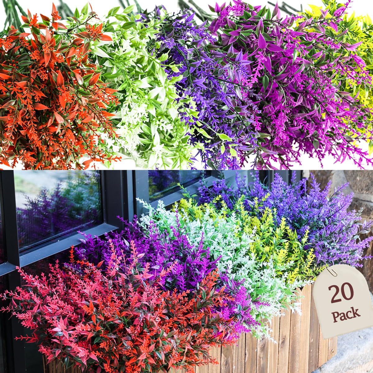 Sredumn 20 Bundles Artificial Flowers, artificial plants outdoor,UV Resistant Plastic Shrub Fake Flowers, for outside, garden, hanging, basket, fence, window, trellis decoration (Multi-coloured)