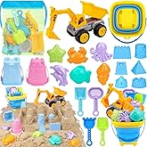 FHOZGECY Beach Toys, Sand Toys for Kids Boys and Girls with 2 in 1 Construction Vehicles, Collapsible Bucket, Sand Castle Building kit, Sand Molds, Mesh Bag, Outdoor Toys for Kids Ages 4-8