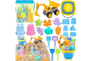 FHOZGECY Beach Toys, Sand Toys with 2 in 1 Construction Vehicles, Collapsible Beach Bucket, Sand Castle Building kit, Sand Molds, Beach Shovel, Mesh Bag, Summer Toys for Kids Ages 4-8