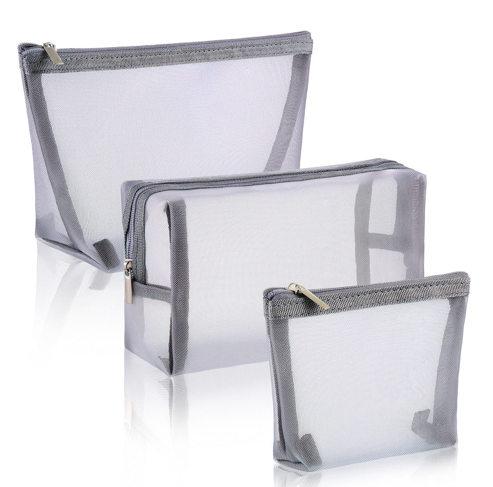3-Piece Mesh Cosmetic Bags - Zipper Pouch for Offices & Travel, 3 Sizes (Grey)