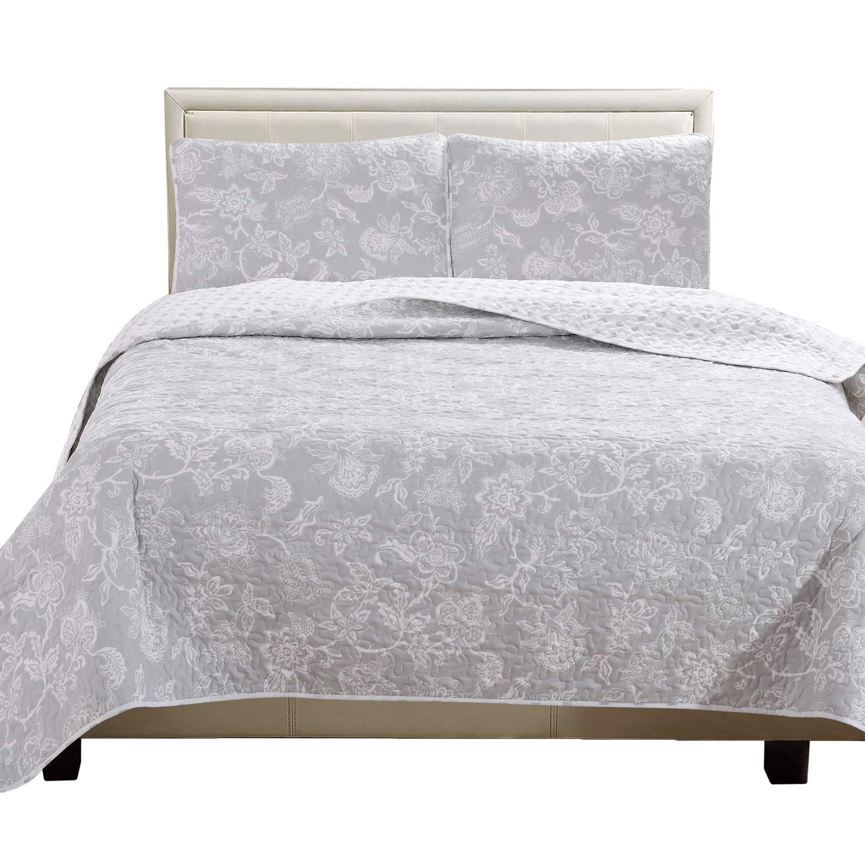Great Bay Home 3-Piece Reversible Quilt Set with Shams. All-Season Bedspread with Floral Print Pattern in Contemporary Colors. Emma Collection Brand. (Full/Queen, Grey)