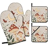 Grtfcolr Mushroom Oven Mitts and Pot Holders Sets of 4, Vintage Magic Moth Gothic Witchy Heat Resistant Non-Slip Kitchen Glove and Potholder for Chef Baking Cooking Grilling BBQ Mittens
