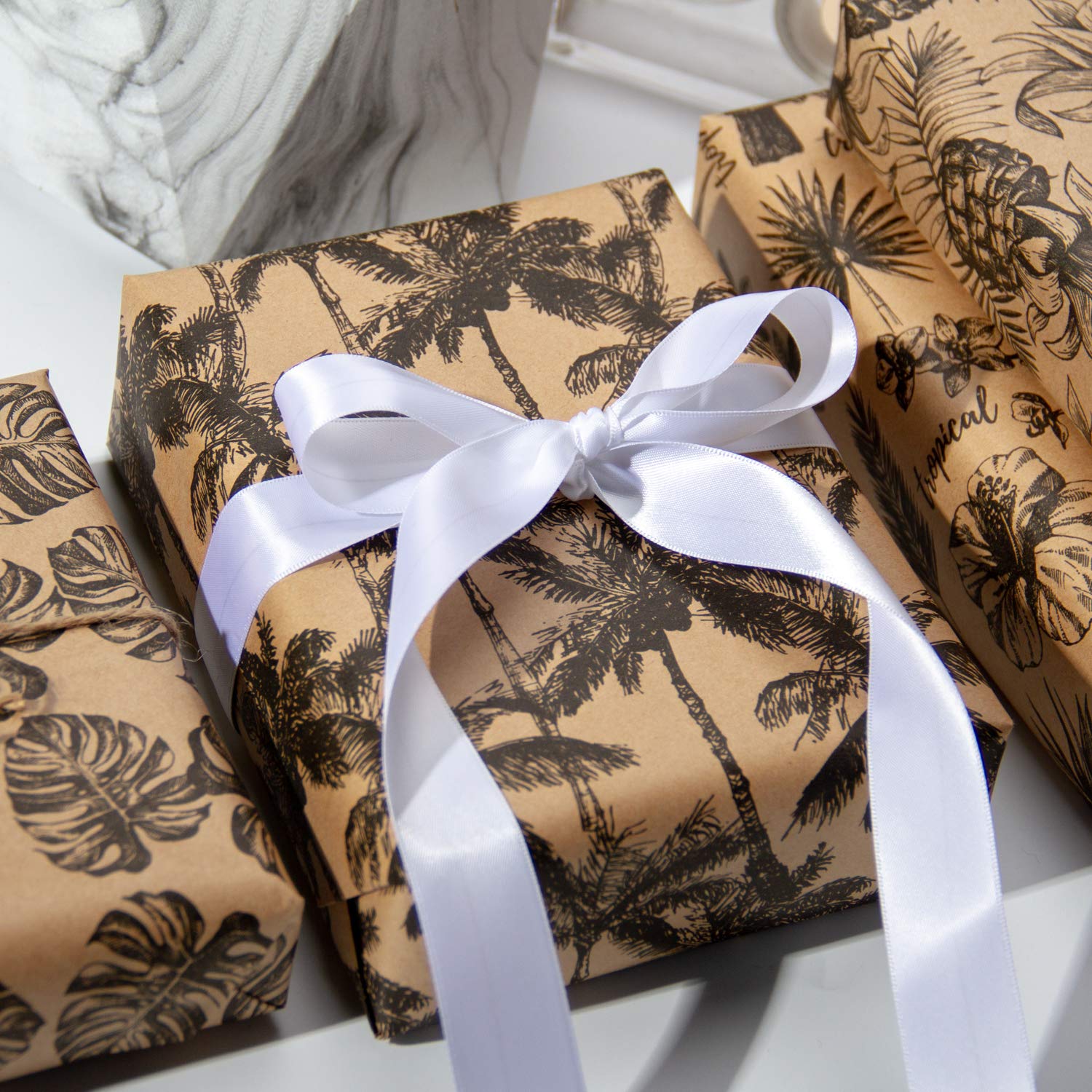 RUSPEPA Kraft Wrapping Paper Roll - Black Tropical Summer Elements Printed Great for Congrats, Holiday and Special Occasion - 4 Roll - 30Inch X 10Feet Per Roll