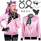 AOTHSO 1950s Pink Satin Jacket with Polka Dot Scarf Headband Earrings Glasses Halloween Cosplay Costume for Women, 8 Pieces