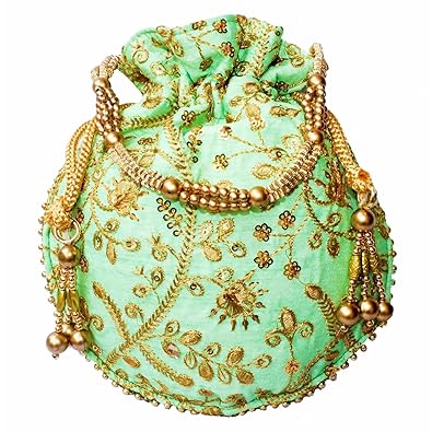 Dms Retail Designer Multi Colred Floral Embroidered Silk Potli Bag Ethnic Clutch Batwa Bag With Metal Beadwork And Pearl Drawstings Clutch Hand Bag Purse For Women And Girls