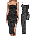 Popilush Shapewear Dress Sparkly Cocktail Dresses for Women Tummy Control Square Neck Ruched Formal Midi Dress Side Slit