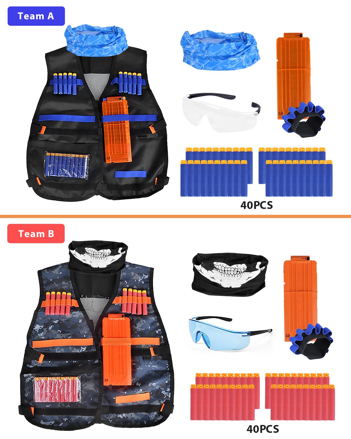 Kids Tactical Vest, 90 Pieces 2 Team Sets Adjustable Tactical Vest for Nerf Guns N-Strike Elite Series with Refill Bullets, Tactical Vests, Reload Clips, Face Masks, Wrist Bands& Glasses for Grouping
