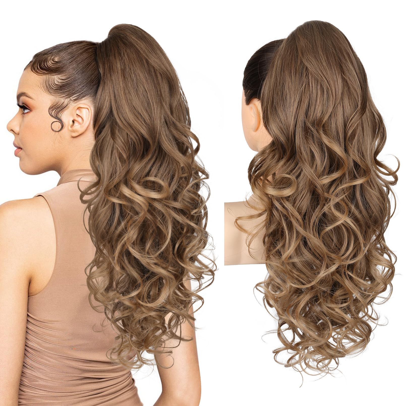 Photo 1 of REECHO Ponytail Extension, 24" Claw Clip in Ponytail Extensions Long Curly Wavy Ponytail Hair Extension Jaw Clip on Pony Tails Hairpiece for Women - Dark Ash Blonde with Golden Ends