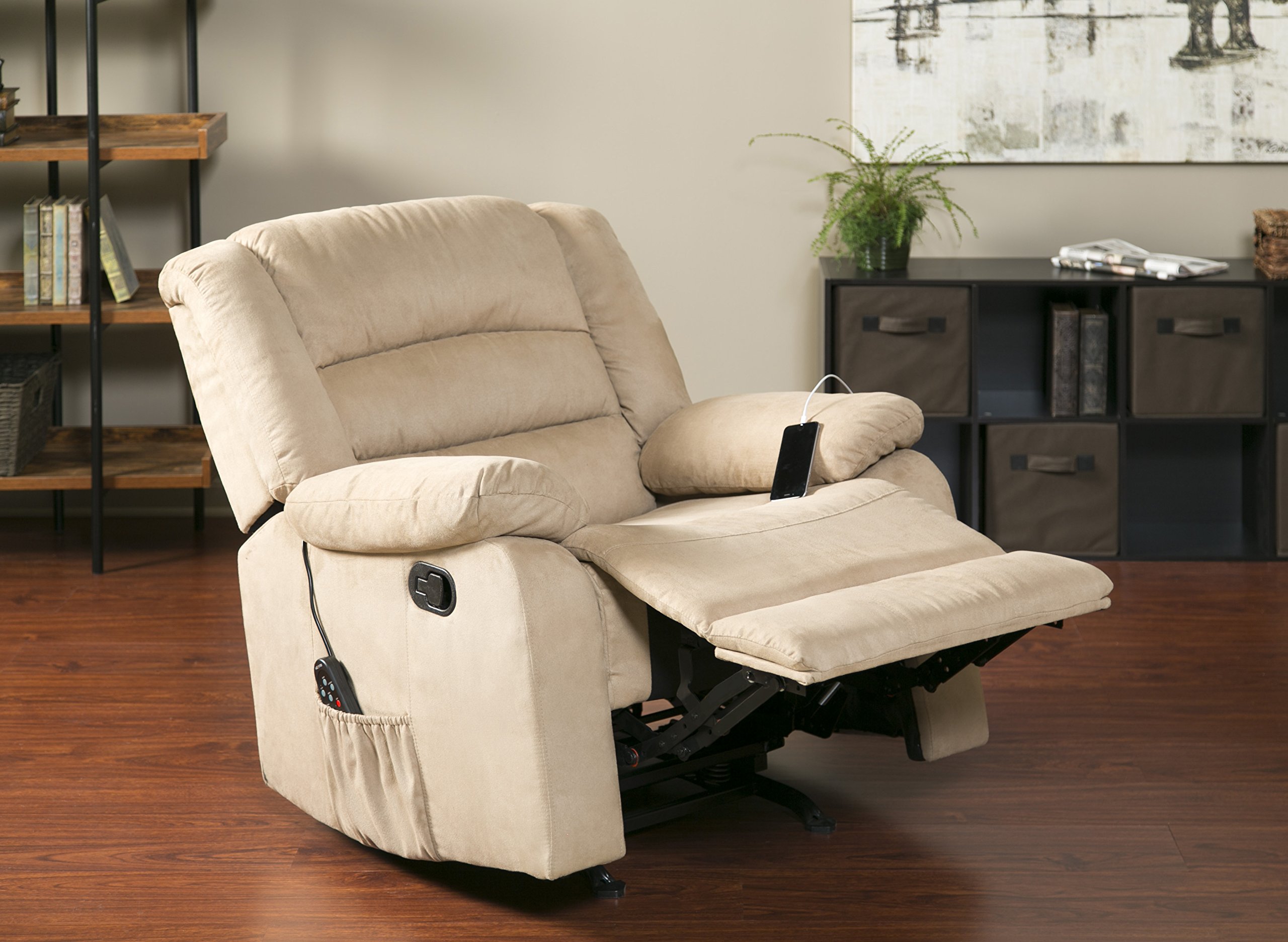 Relaxzen Massage Rocker Recliner with Heat and USB, Beige Microfiber