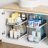 Delamu 2-Tier Multi-Purpose Bathroom Under Sink Organizers and Storage, Stackable Kitchen Pantry Organization, Pull Out Medicine Cabinet Organizer with Movable Dividers, Blue, 2 Pack