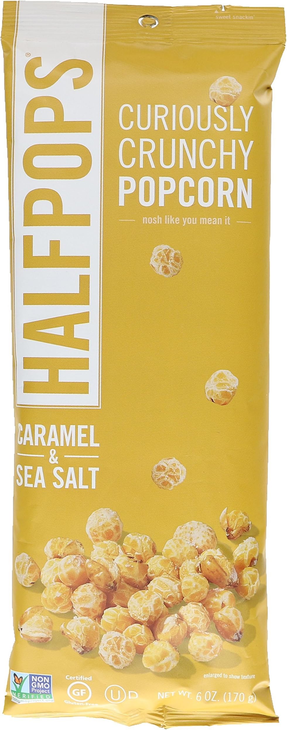 Halfpops Curiously Crunchy Popcorn, Caramel and Sea Salt, 6 Ounce