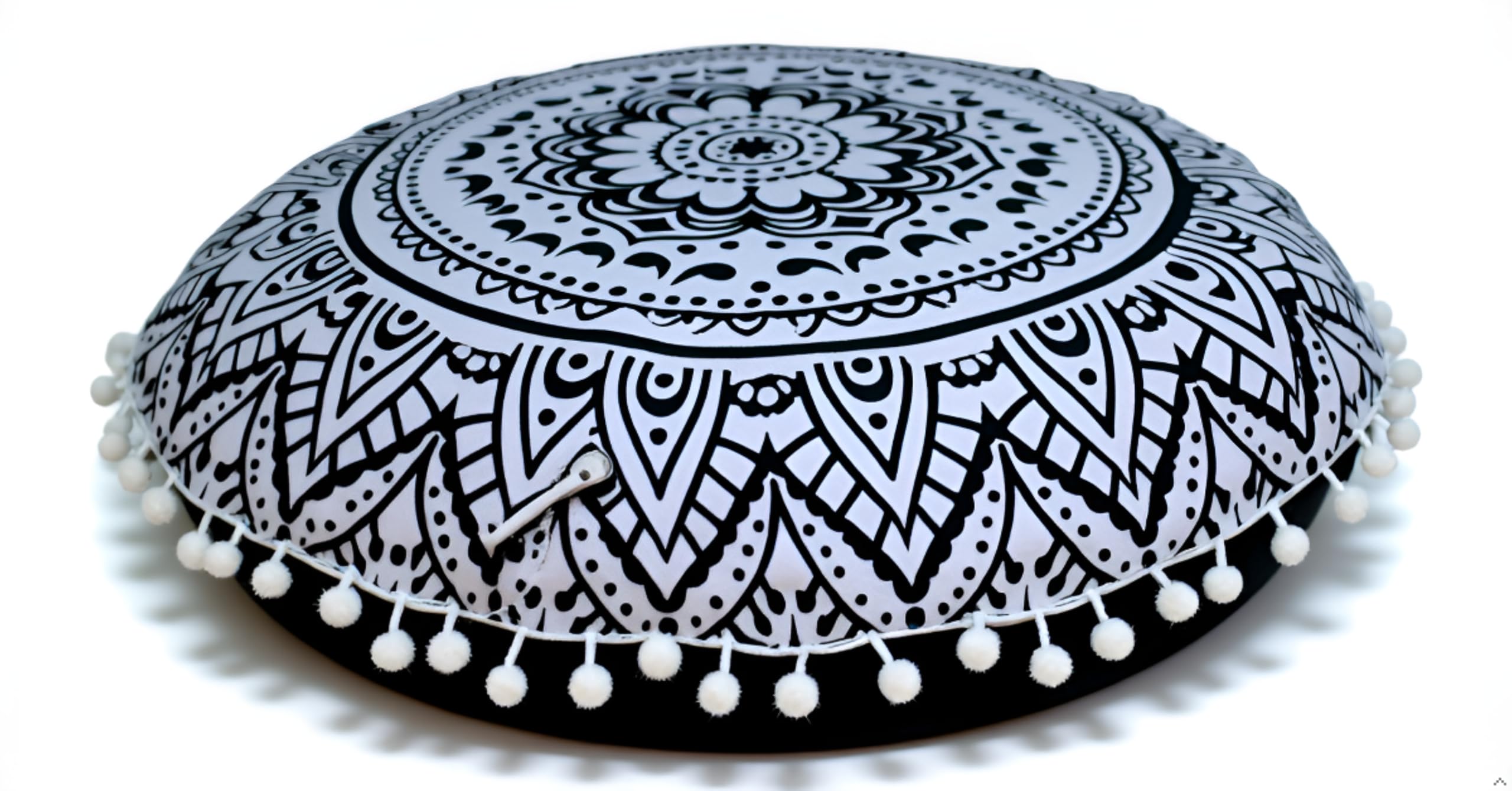 Round Mandala Floor Pillow Cover Seating Cushion Throw Case Hippie Decorative Bohemian Ottoman Pouf Cover, Pom Pom Pillow Cases,Boho Indian 22 Inches (Black Flower)