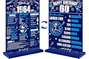 Eiurteao 60th Birthday Decorations Back in 1964 Table Sign for Men, Blue Silver 60 Birthday Two-Sided Wooden Table Poster with Stand Party Supplies, Sixty Years Old Bday Display Holder Table Decor