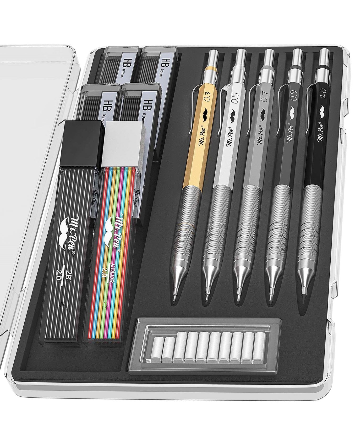 Mr. Pen Metal Mechanical Pencil Set with Leads and Eraser Refills, 5 Sizes - 0.3, 0.5, 0.7, 0.9 and 2 Millimeters, Sketching/ Drafting Pencil