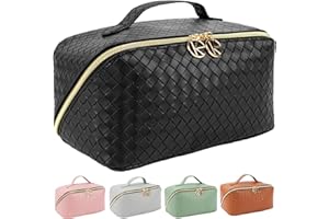 KEKEINTLCO Keke Int'l Portable Cosmetic Bag with Handle and Partitioner, Waterproof PU Leather Large Capacity Travel Makeup Bag with Plaid Flat Open Design(Black)…