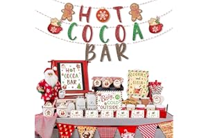 SEALMIC Christmas Hot Chocolate Bar Kit Gingerbread Hot Cocoa Bar Decor Merry Xmas Sign Supplies Banner 18 Tent Cards 18 Cup Toppings Tags Labels 3 Poster Baby Its Cold Outside Winter Holiday Party New Year