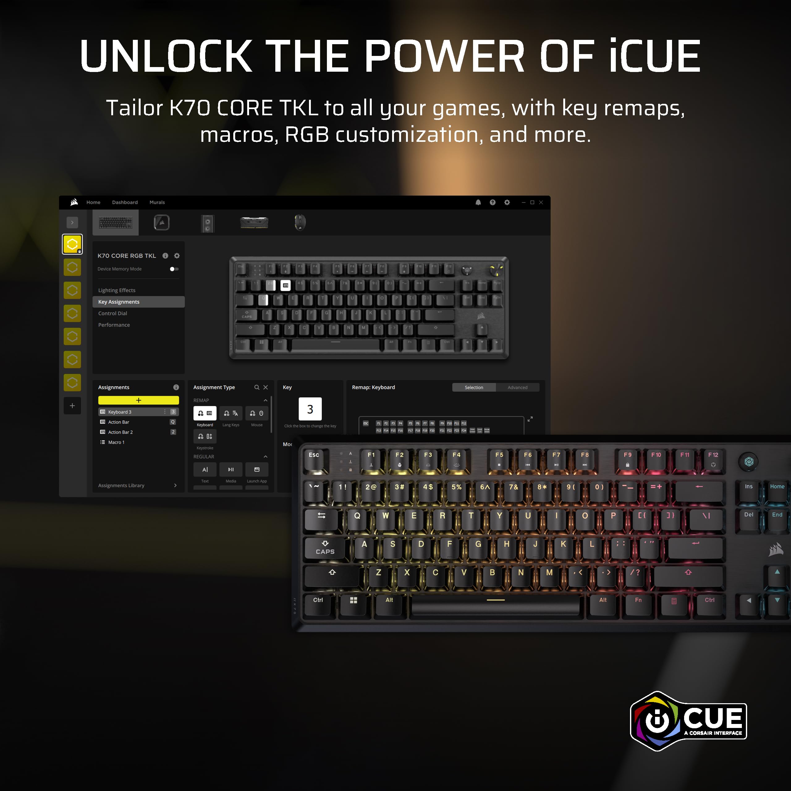 Corsair K70 CORE TKL RGB Tenkeyless Mechanical Wired Gaming Keyboard – Pre-Lubed MLX Red v2 Linear Switches, SOCD, ABS Double-Shot Keycaps, Sound Dampening, 1000Hz Polling, QWERTY NA – Black