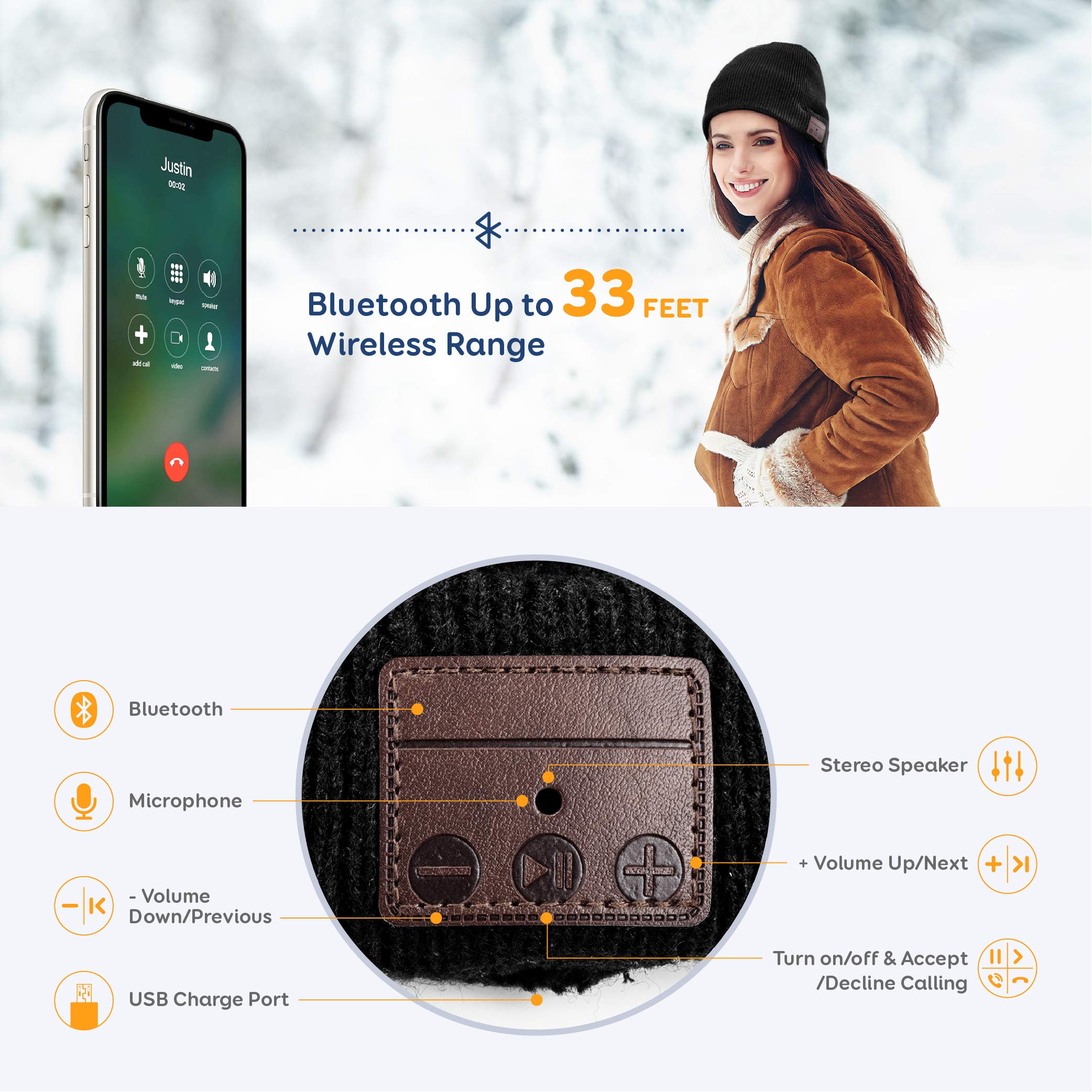 Bluetooth Beanie,Bluetooth 5.0 Hat,Built-in Wireless Headphones&Mic- Unique Gifts for Men Women,Outdoor Running,Hiking,Skiing,Dog Walking