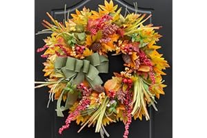 Pinkpuii 24 Inch Fall Wreaths for Front Door Outside– Artificial Silk Autumn Door Wreath with Green Bow, Maple Leaves, Pine Cones, Red Berries– Indoor Outdoor Thanksgiving Farmhouse Home Wall Decor