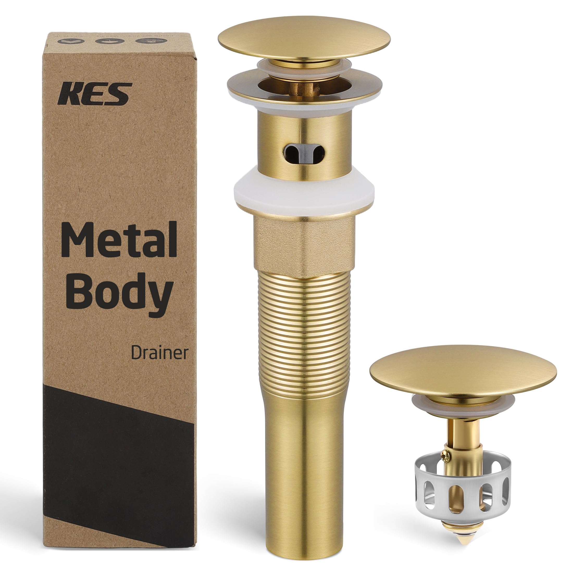 Photo 1 of **************DOES NOT INCLUDE THE SMALLER ONE************
KES All Metal Bathroom Sink Drain with Strainer Basket Hair Catcher Anti Clog Pop Up Drain Stopper for Vanity Vessel Sink with Overflow, Rustproof 18/8 Stainless Steel Brushed Gold, S2013A-BZ