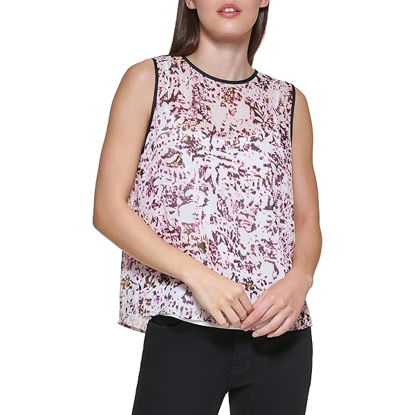 DKNY Women's Sleeveless Zip-Closure Crew Neck Top, BLK Laz