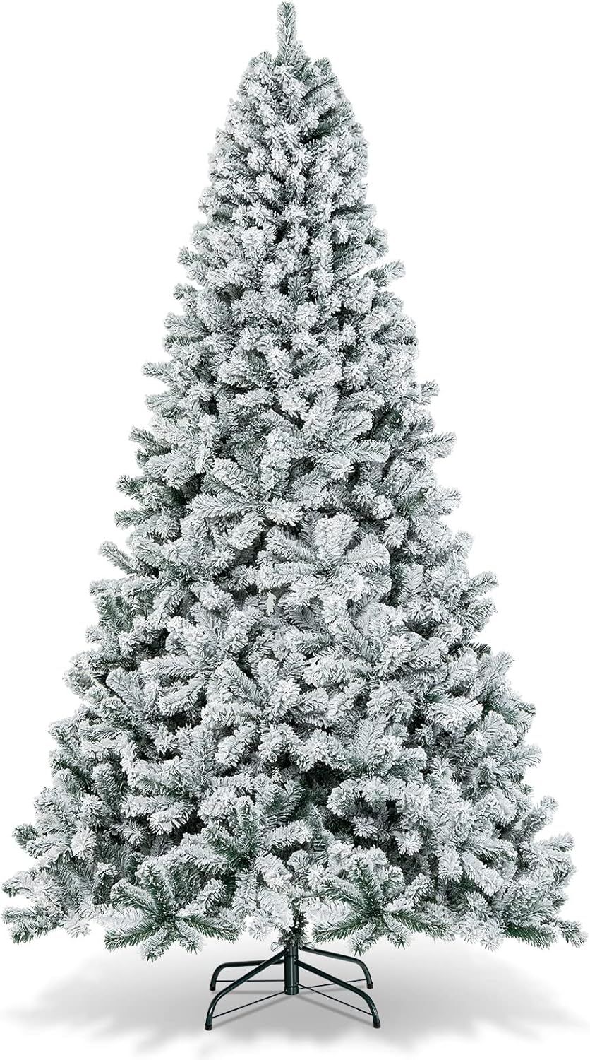 Trees - Goplus 9FT Artificial Christmas Tree, Snow Flocked Hinged Pine Tree, Premium PVC Needles/Solid Metal Stand, Xmas Full Tree for Indoor and Outdoor