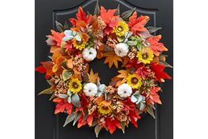 Pinkpuii Fall Wreaths for Front Door Outside– 24 Inch Autumn Wreath with Red Maple Leaves, White Pumpkins,Yellow Wildflowers, Pinecones&Berries–Thanksgiving Farmhouse Door Decor for Indoor Outdoor Use