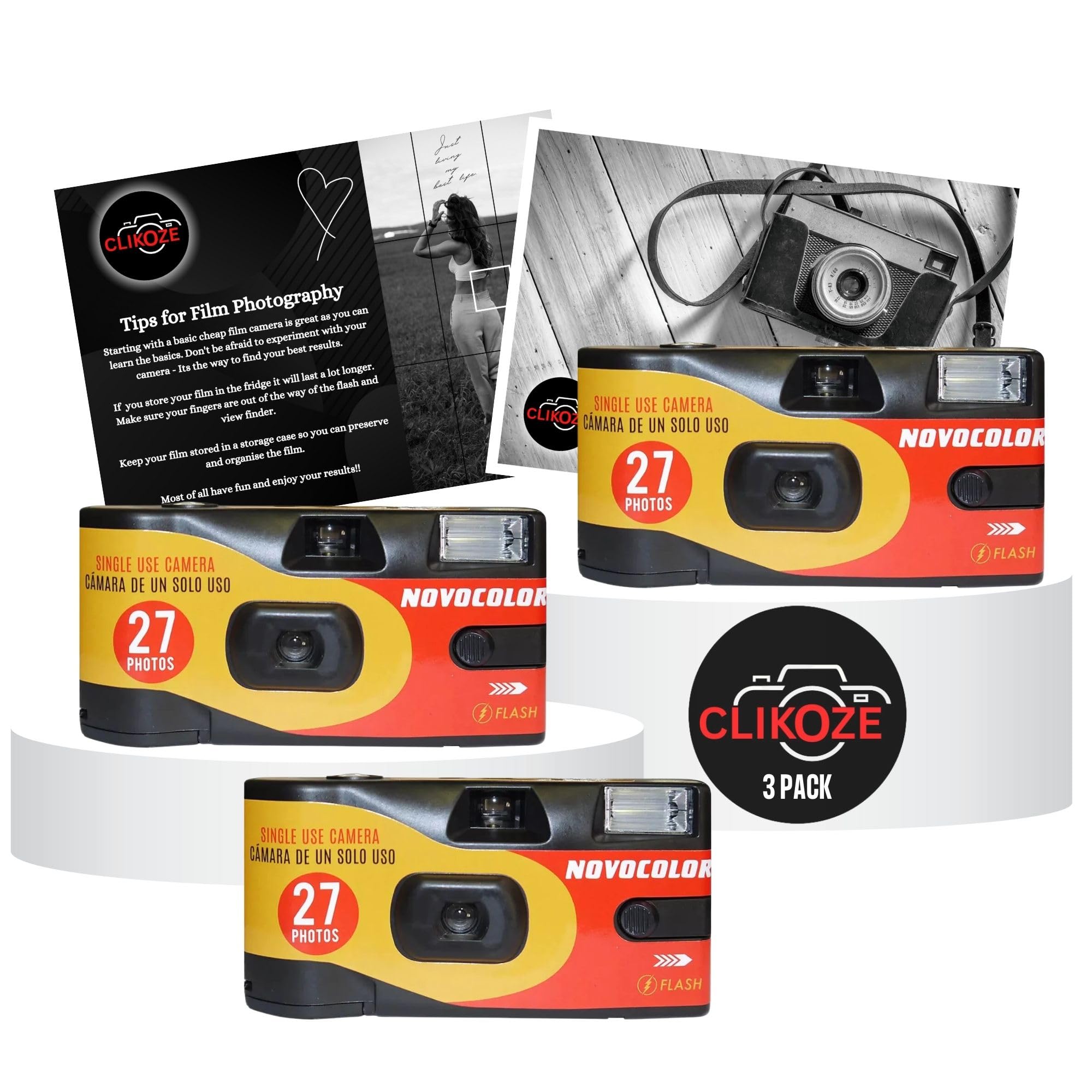 Disposable Camera Bundle with Novocolor APM401010 Single-Use Film Cameras with 27 Exposures x3 and Clikoze Disposable Photography Tips Card