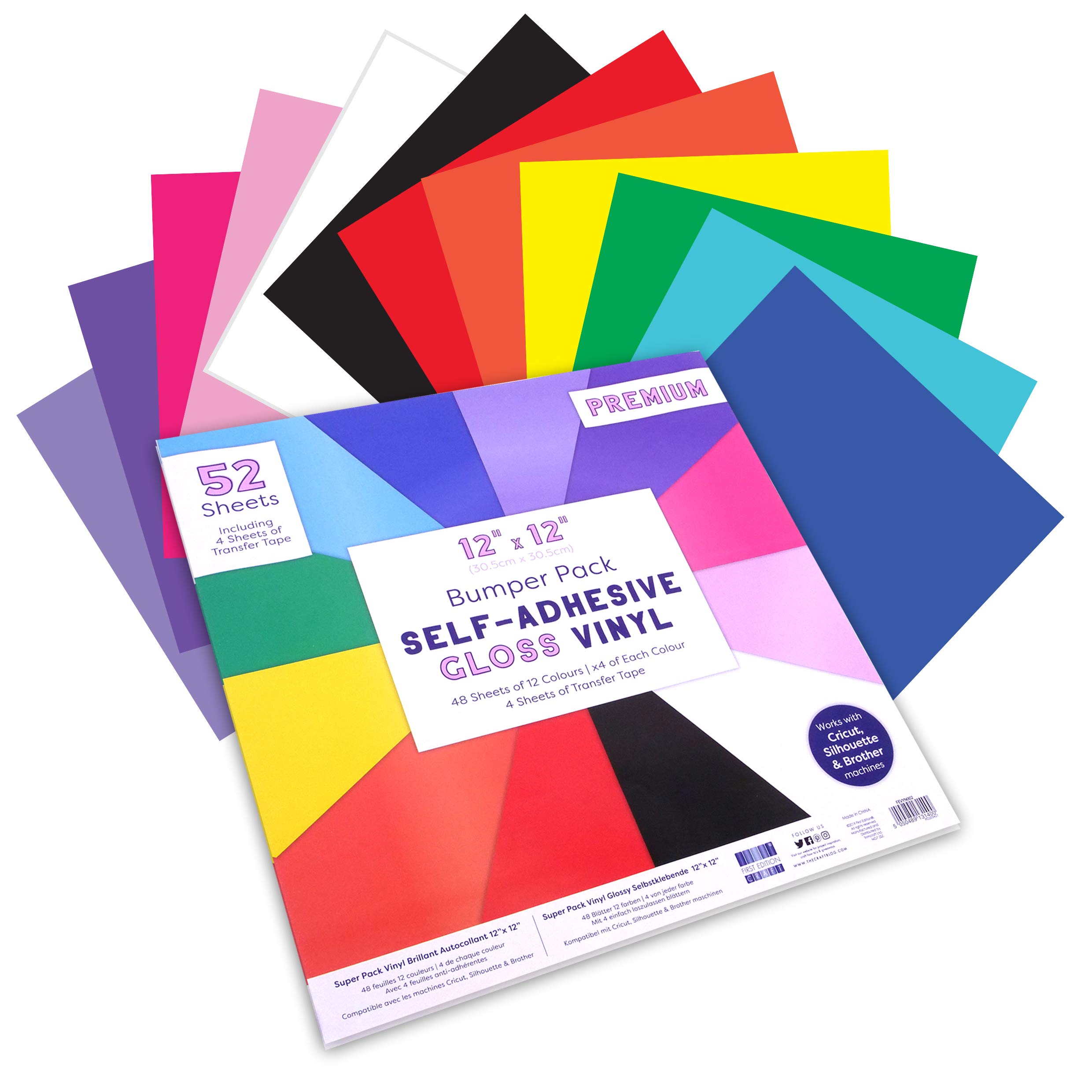 First Edition Adhesive Gloss Vinyl | 12 Colours | 52 inc 4 Transfer Tape Sheets | Easy to Cut and Weed | Compatible with Cricut and Other Machines, Multicolour, 12"x12" Bumper Pack