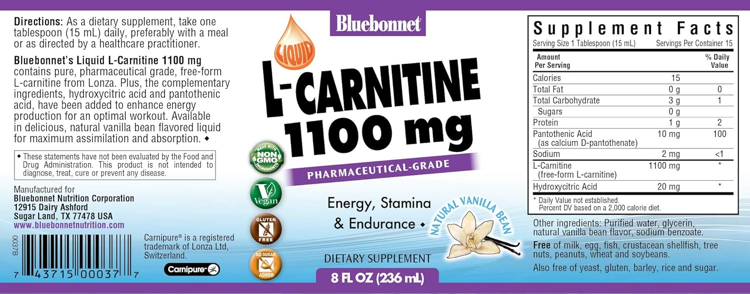 BlueBonnet Liquid L-Carnitine 1100 mg, Vanilla, 8 Fluid Ounce: Health & Personal Care
