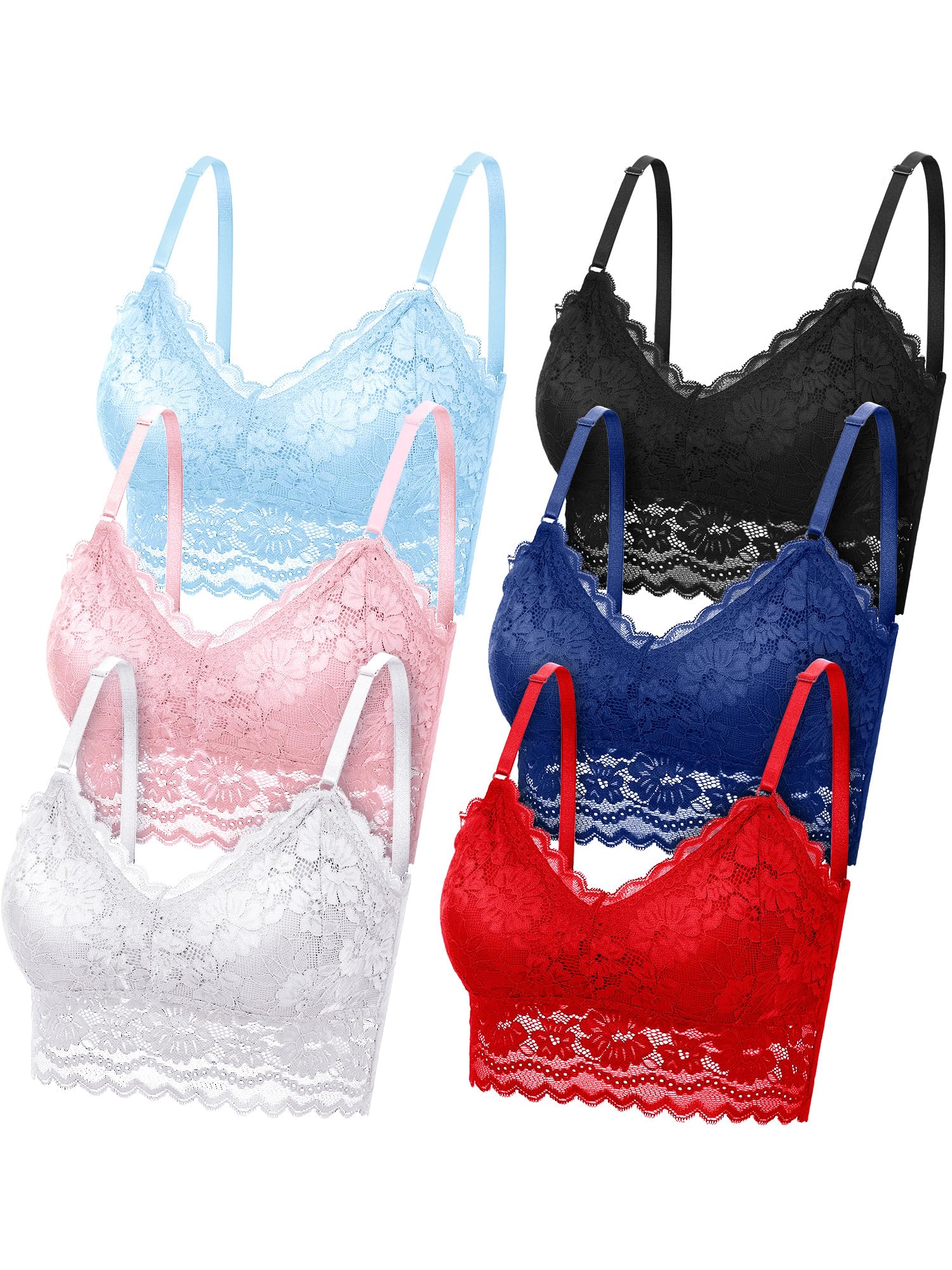 Photo 1 of Geyoga 6 Pack Women's Lace Cami Top, Wireless Bralette Floral Non Padded Bandeau Bras with Straps(Black, Navy Blue, Wine Red, Light Blue, Pink, White,Medium)