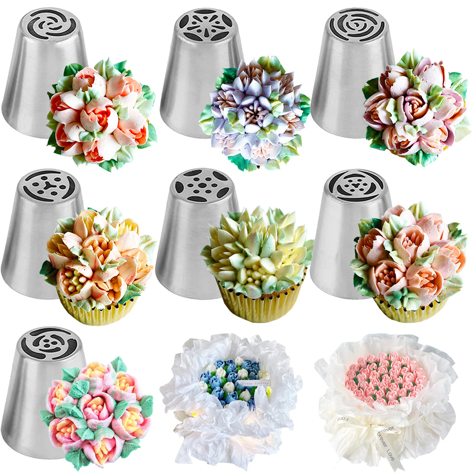 7pcs Russian Piping Nozzles Flower Frosting Nozzles Cake Decorating Nozzles Set Rose Tulip Icing Piping Tips Cake Decorations Supplies DIY Baking Tools Kit