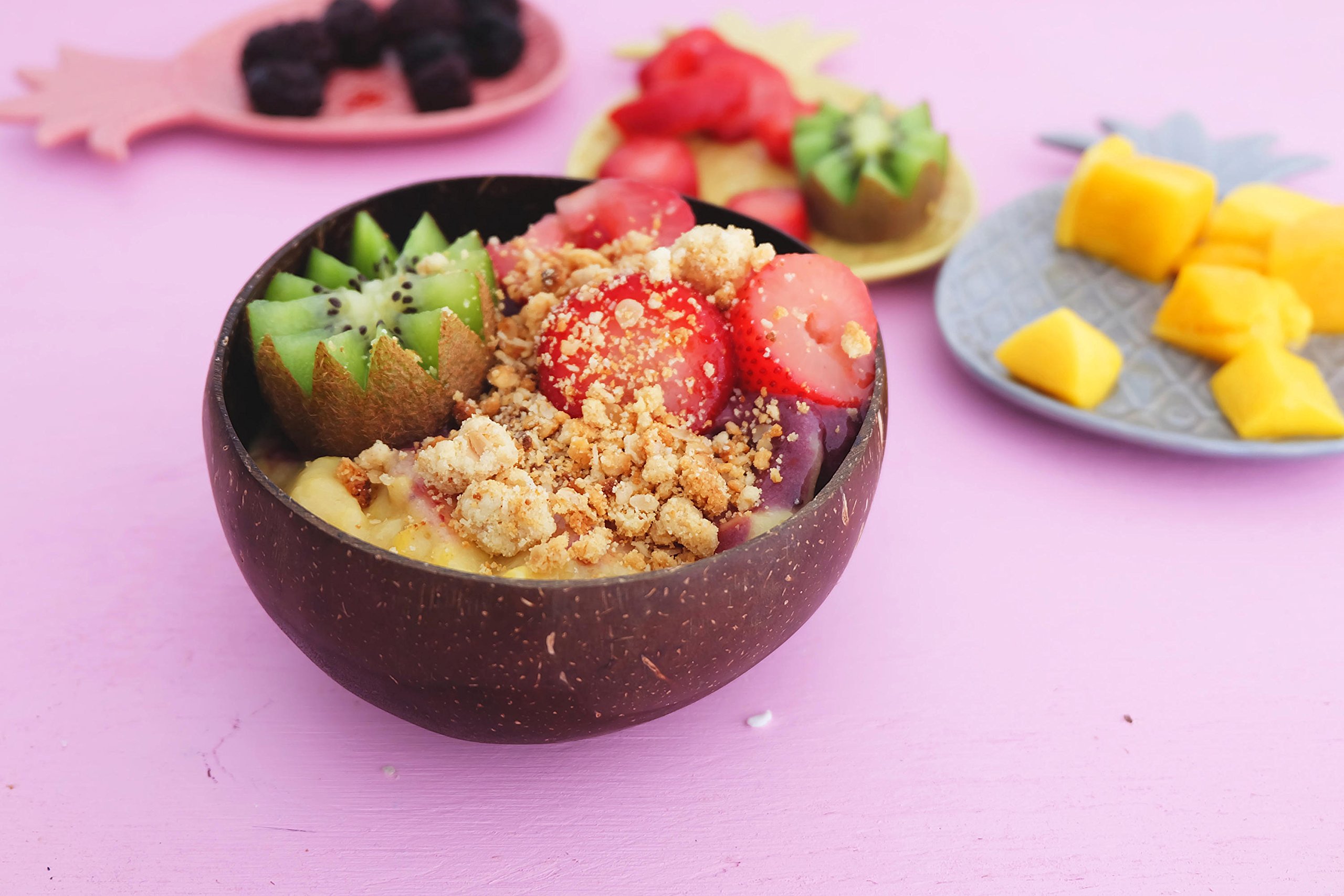 Natural Coconut Bowls and Spoons (set of 2) - Polished with Coconut Oil, Durable, Lightweight, Useful, Large Wooden Serving Bowl for Fruits or Salads, Breakfast, Decoration, Vegan Friendly