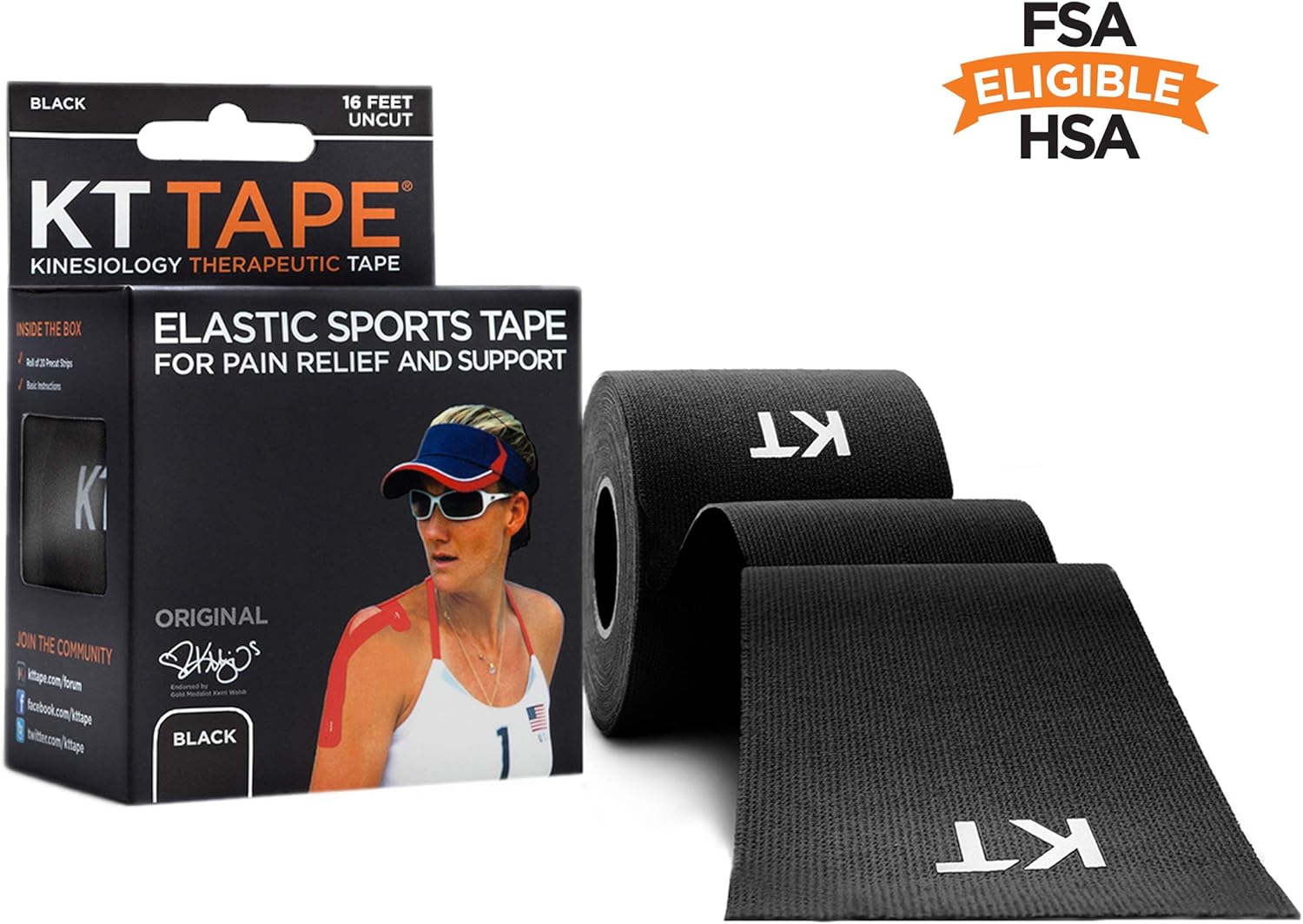 KT Tape Kinesiology Tape, Original Cotton Elastic Therapeutic Tape, 16Feet, Uncut Roll, Black