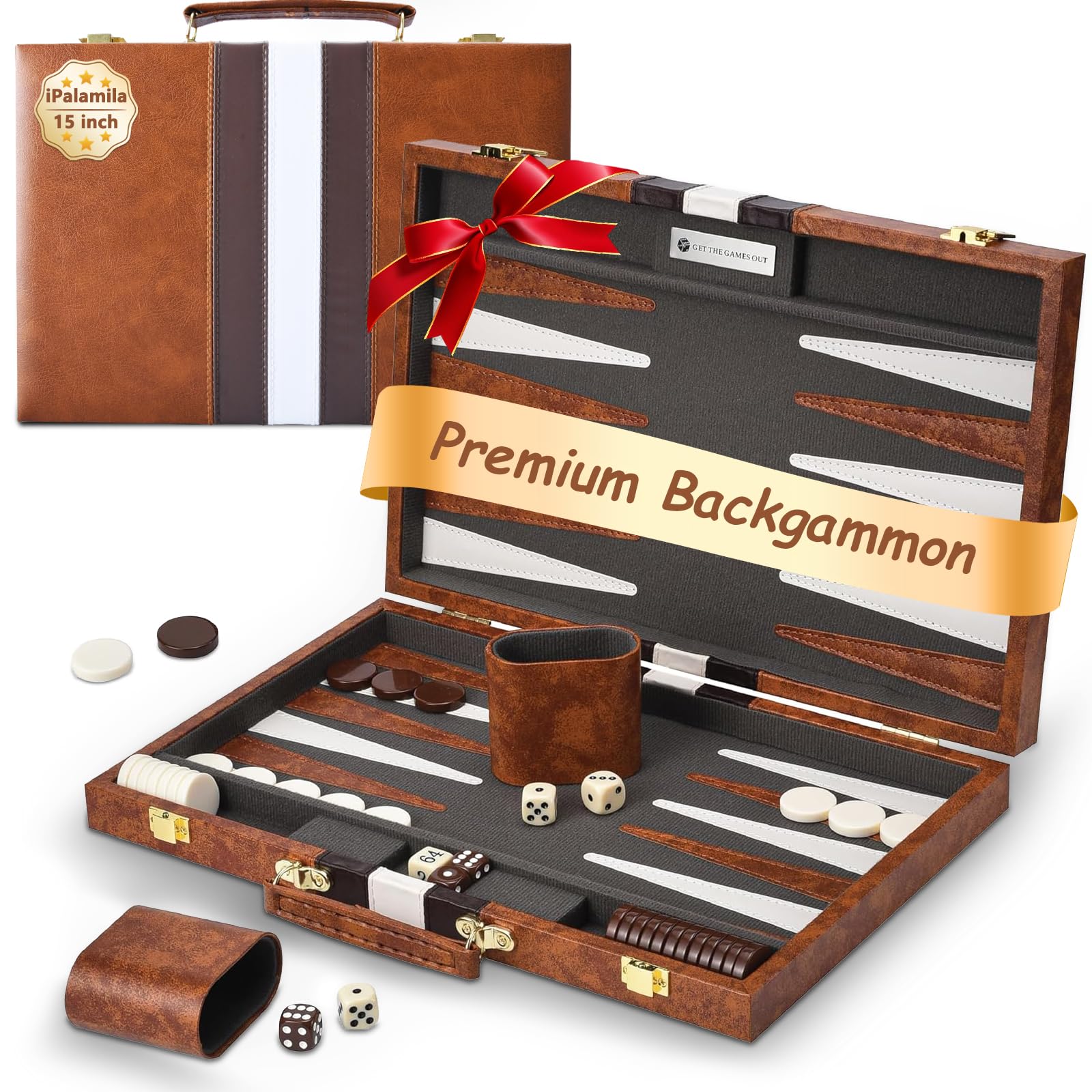 Backgammon Set, Backgammon Set with Premium Leather Case,15 inch backgammon board game with Acrylic Playing Pieces & Wooden Dice Cups,Portable and backgammon travel sets for Adults and Kids