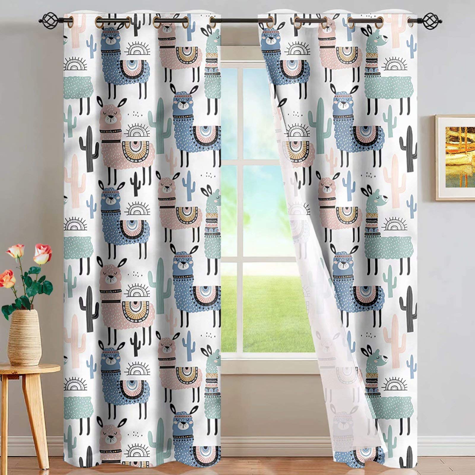 MODEGA White Bedroom Full Blackout Curtain Panels, Grommet Drapes, Blackout Draperies for Girls Women Living Room Bathroom Window Home Decor Set of 2 PCS, White, Cute Animal Alpaca Cactus