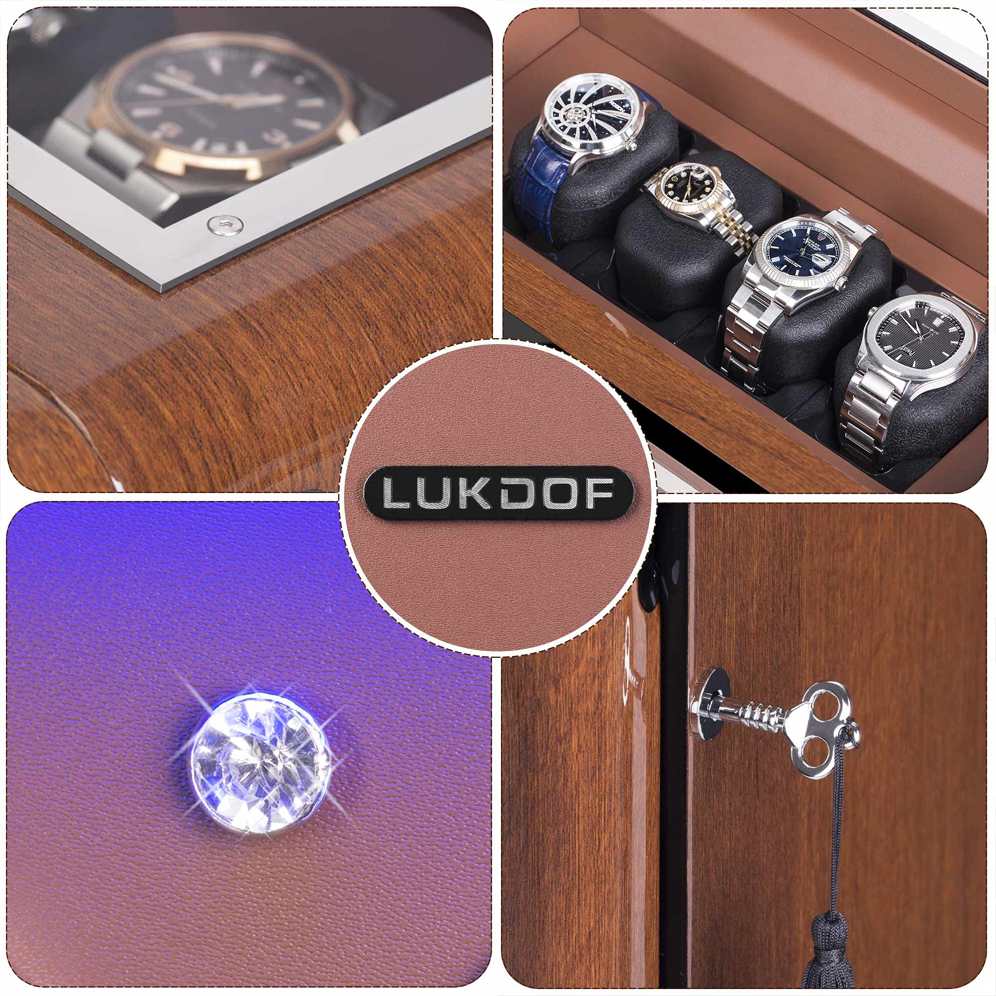 LUKDOF Automatic Watch Winder with 3 Quiet Running Motor Watch Winding LCD Display+ 4 Storage Box, Diamond Decorated, Walnut Watch Winder for Rolex with 5 Adjustable Upgraded Watch Pillows, AC Adapter