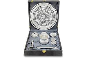 NOBILITY Pooja Thali Set Silver Plated with Grey Gift Box Puja Plate Devdas Diya Kalash Bowl Palli Haldi Kumkum Stand Dhup Dan Ghanti for Home Office Diwali Wedding Return Gifts