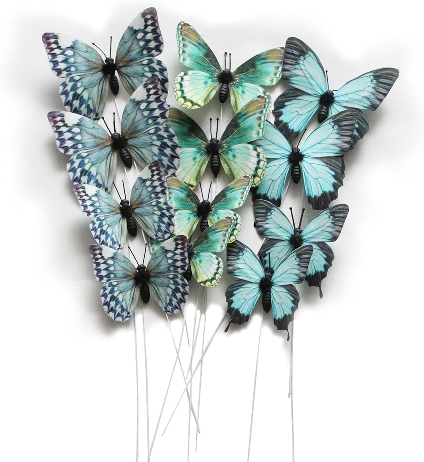 Decorative Garden Stakes - 12 Pack Butterfly Decorations, DIY 3D Butterfly Stakes Decor, 2 Sizes of Butterfly Ornament for Home Fake Flower Floral Supplies Tea Party Wedding Easter Christmas Spring Fall. (Aqua Blue 02)