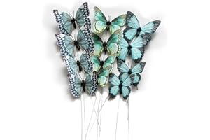 NAUDASSODS 12 Pack Butterfly Decorations, DIY 3D Butterfly Stakes Decor, 2 Sizes of Butterfly Ornament for Home Fake Flower Floral Supplies Tea Party Wedding Easter Christmas Spring Fall. (Aqua Blue 02)