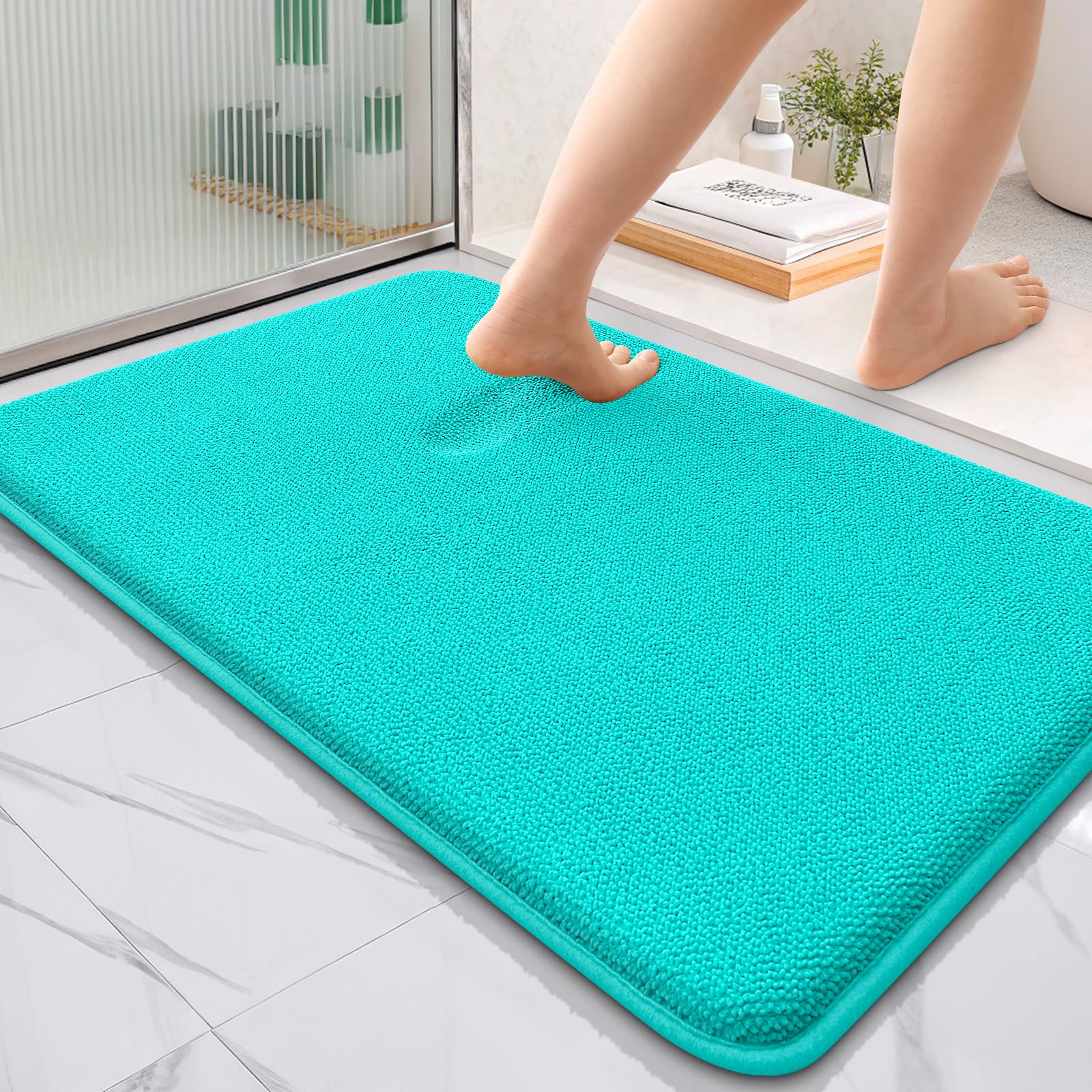 OLANLY Thick Memory Foam Bath Mats Rugs 36x24, Extra Soft Absorbent Bathroom Rug, Quick Dry Bath Mat, Non-Slip, Machine Washable Carpet for Bathroom, Tub and Shower, Home Decor Accessories, Teal Image