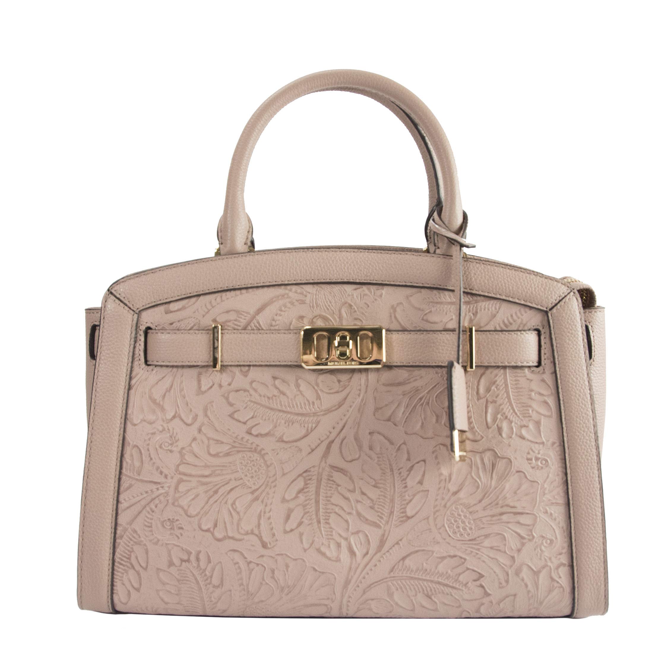 Michael Kors Karson Large Fawn Pink Floral Tooled Leather Satchel Shoulder Bag
