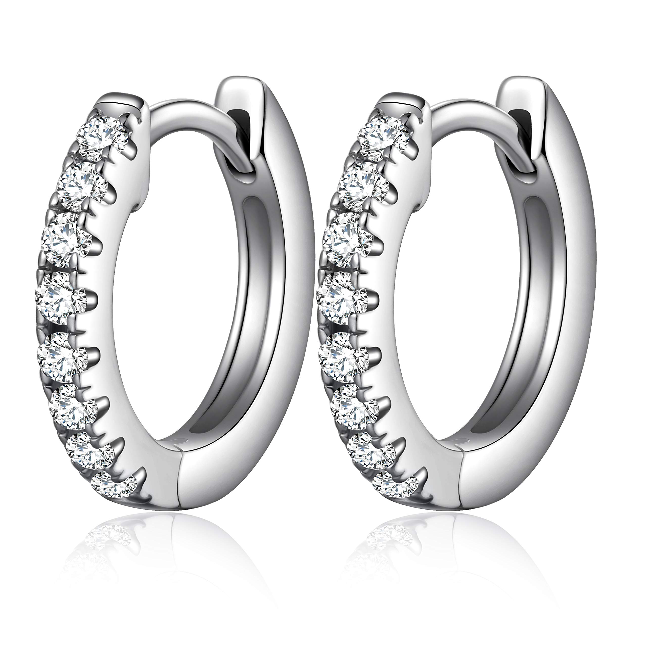 JIAHANZB Silver Hoops Earrings for Women 925 Sterling Silver Diamond Huggie Hinged Earring Hypoallergenic Small Sleeper Hoop 10.5mm