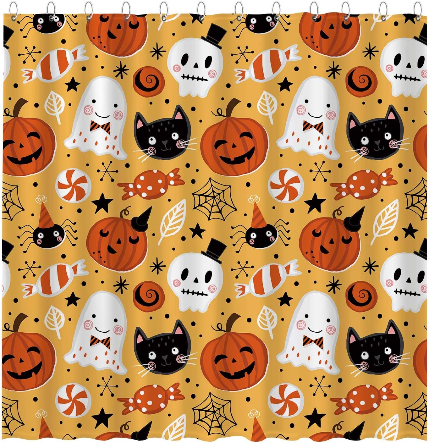 FunnytreeHalloween Shower Curtain Set with Hooks Cute Cartoon Pumpkin Spooky Ghost Home Bathroom Bathtubs Decor Easy Care Washable Durable Polyester Fabric 72"x72"